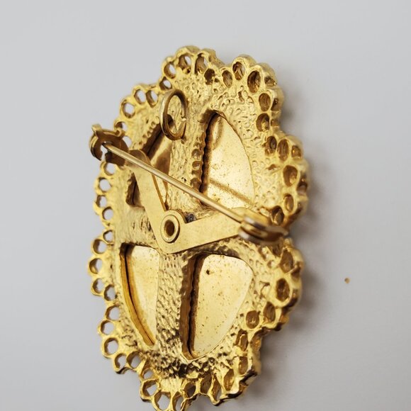 Vintage 2 in 1 Oval Tartan Plaid Gold Bezelled Pin Brooch & Pendant Ornate Bezel - Picture 5 of 6